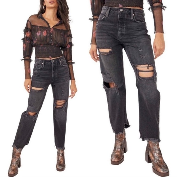 Free People We The Free Obsidian Distressed Tapered Baggy Boyfriend Jeans - Picture 17 of 17